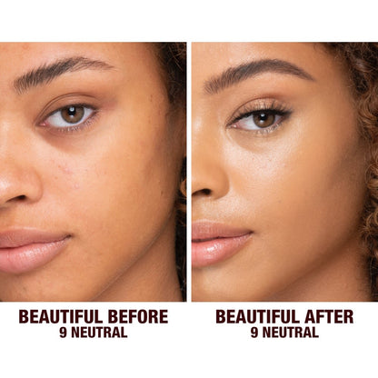 Before and after shots of a deep-tone model without any makeup and then wearing glowy, flawless skin, wearing skin-like foundation that adds a youthful glow and looks natural along with nude pink lipstick and subtle everyday eye makeup.