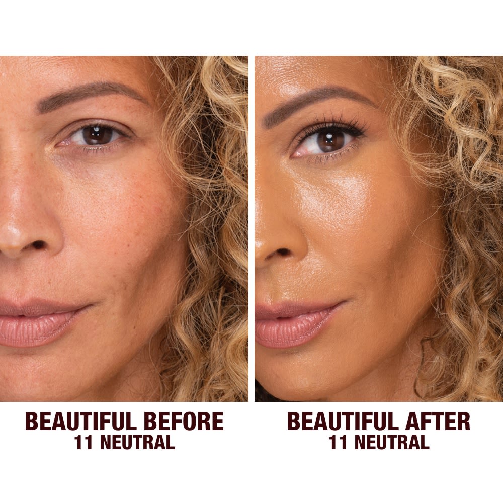 Before and after shots of a deep-tone model without any makeup and then wearing glowy, flawless skin, wearing skin-like foundation that adds a youthful glow and looks natural along with nude pink lipstick and subtle everyday eye makeup.