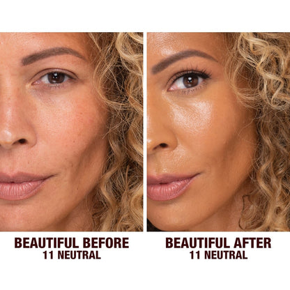 Before and after shots of a deep-tone model without any makeup and then wearing glowy, flawless skin, wearing skin-like foundation that adds a youthful glow and looks natural along with nude pink lipstick and subtle everyday eye makeup.