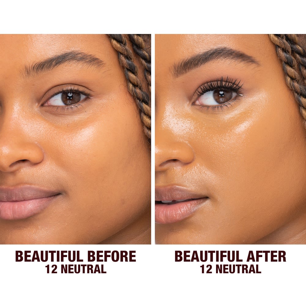 Before and after shots of a deep-tone model without any makeup and then wearing glowy, flawless skin, wearing skin-like foundation that adds a youthful glow and looks natural along with nude pink lipstick and subtle everyday eye makeup.