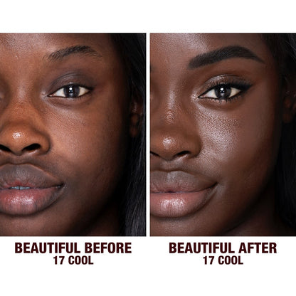 Before and after shots of a deep-tone model without any makeup and then wearing glowy, flawless skin, wearing skin-like foundation that adds a youthful glow and looks natural along with nude pink lipstick and subtle everyday eye makeup.
