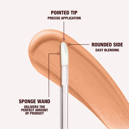 Close-up of a concealer applicator with a pointed tip for precise application, rounded side for easy blending, and sponge wand that delivers the perfect amount of product.