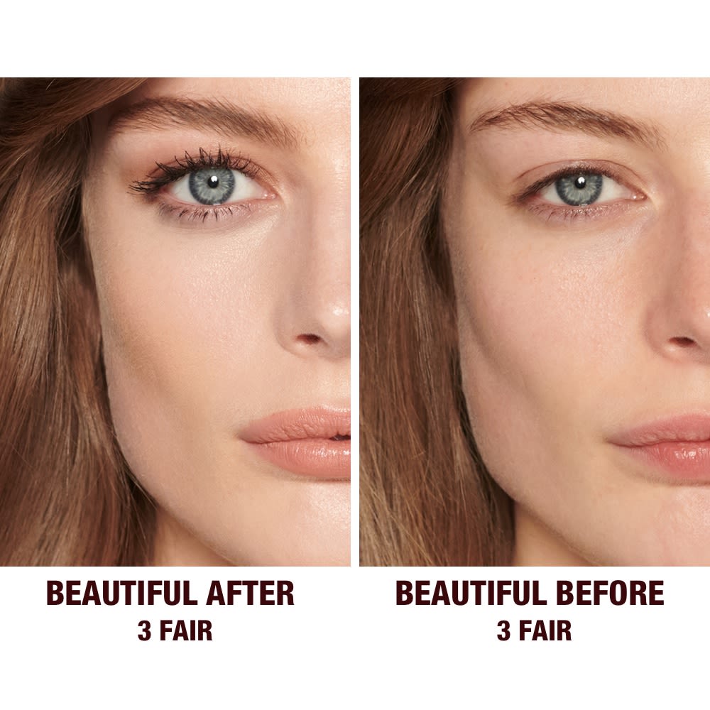 Before and after of a fair-tone model without any makeup in the before shot and then wearing a radiant, concealer that brightens, covers blemishes, and makes her skin look fresh along with nude lip gloss and subtle eye makeup.