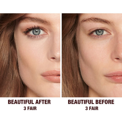 Before and after of a fair-tone model without any makeup in the before shot and then wearing a radiant, concealer that brightens, covers blemishes, and makes her skin look fresh along with nude lip gloss and subtle eye makeup.