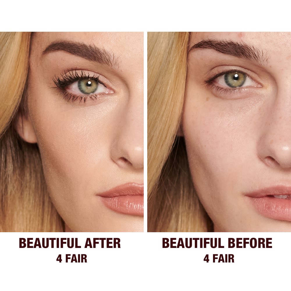 Before and after of a fair-tone model without any makeup in the before shot and then wearing a radiant, concealer that brightens, covers blemishes, and makes her skin look fresh along with nude lip gloss and subtle eye makeup.