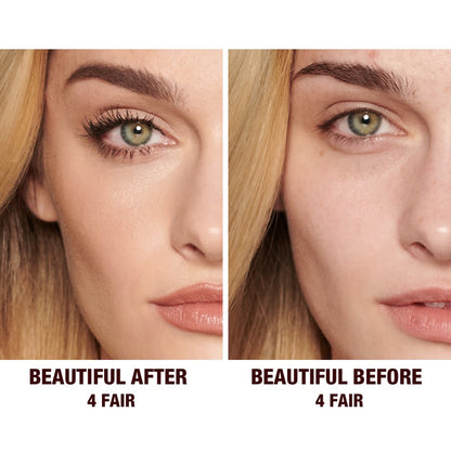 Before and after of a fair-tone model without any makeup in the before shot and then wearing a radiant, concealer that brightens, covers blemishes, and makes her skin look fresh along with nude lip gloss and subtle eye makeup.