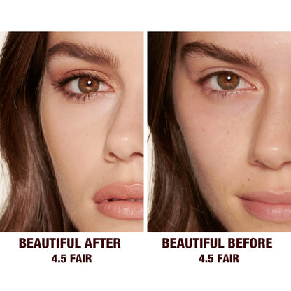 Before and after of a fair-tone model without any makeup in the before shot and then wearing a radiant, concealer that brightens, covers blemishes, and makes her skin look fresh along with nude lip gloss and subtle eye makeup.