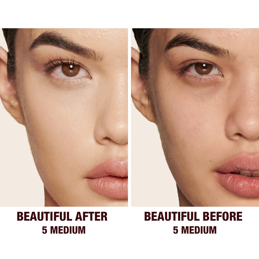 Before and after of a fair-tone model without any makeup in the before shot and then wearing a radiant, concealer that brightens, covers blemishes, and makes her skin look fresh along with nude lip gloss and subtle eye makeup.