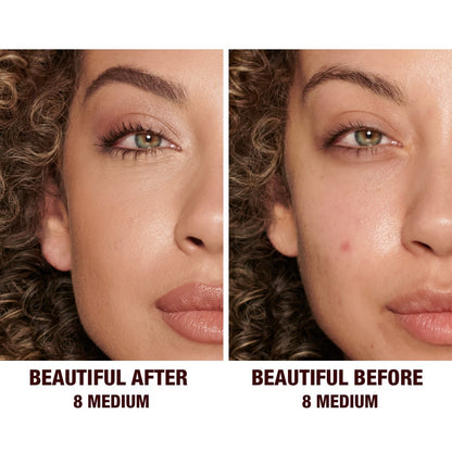 Before and after of a medium-tone model without any makeup in the before shot and then wearing a radiant, concealer that brightens, covers blemishes, and makes her skin look fresh along with nude lip gloss and subtle eye makeup.