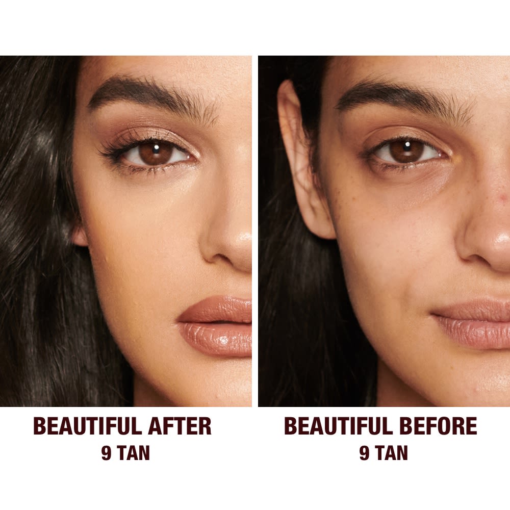 Before and after of a medium-tone model without any makeup in the before shot and then wearing a radiant, concealer that brightens, covers blemishes, and makes her skin look fresh along with nude lip gloss and subtle eye makeup.