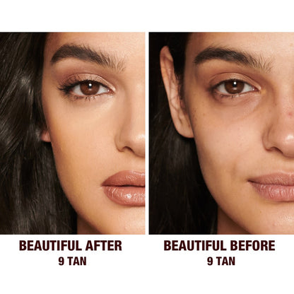 Before and after of a medium-tone model without any makeup in the before shot and then wearing a radiant, concealer that brightens, covers blemishes, and makes her skin look fresh along with nude lip gloss and subtle eye makeup.