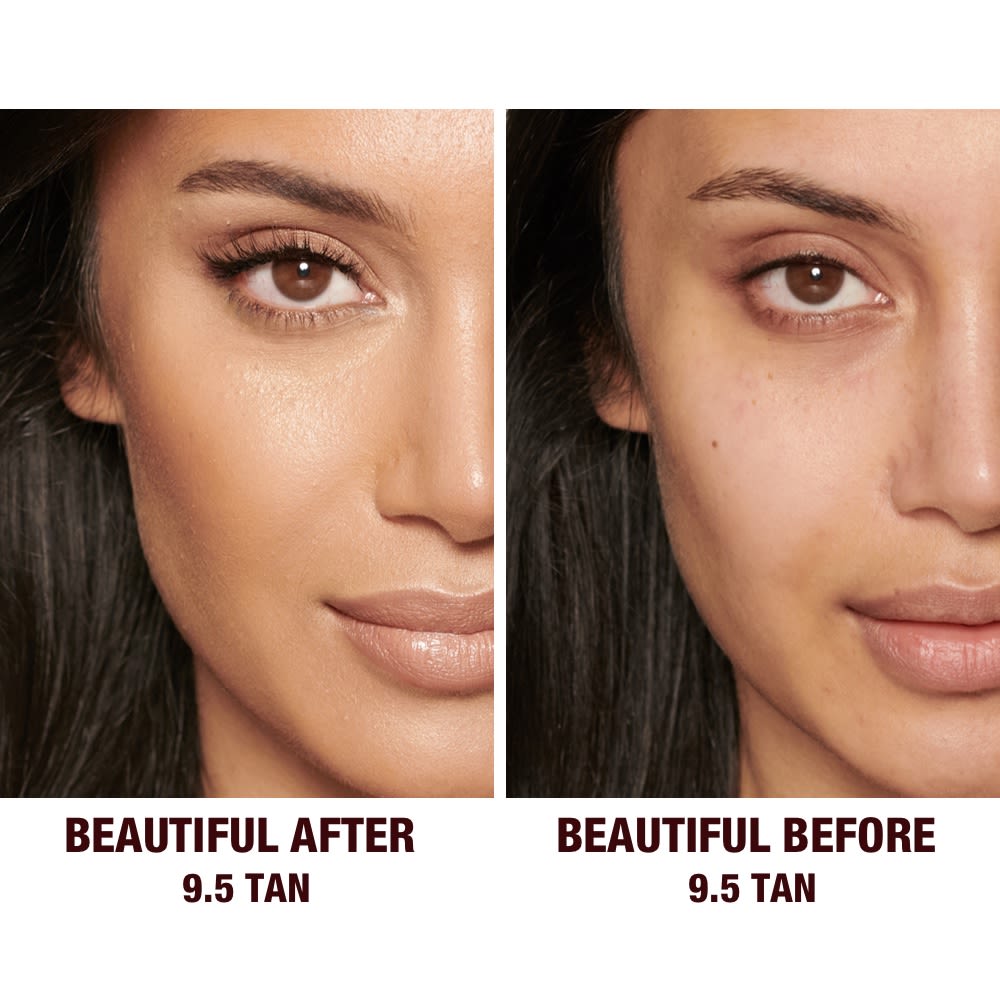 Before and after of a medium-tone model without any makeup in the before shot and then wearing a radiant, concealer that brightens, covers blemishes, and makes her skin look fresh along with nude lip gloss and subtle eye makeup.