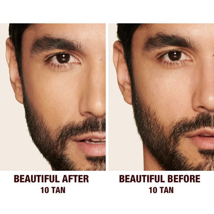 Before and after of a medium-tone model without any makeup in the before shot and then wearing a radiant, concealer that brightens, covers blemishes, and makes her skin look fresh along with nude lip gloss and subtle eye makeup.