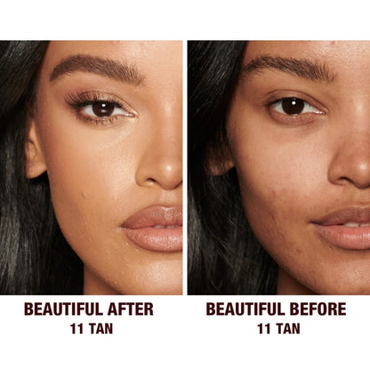 Before and after of a deep-tone model without any makeup in the before shot and then wearing a radiant, concealer that brightens, covers blemishes, and makes her skin look fresh along with nude lip gloss and subtle eye makeup.