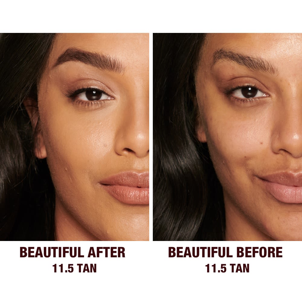 Before and after of a deep-tone model without any makeup in the before shot and then wearing a radiant, concealer that brightens, covers blemishes, and makes her skin look fresh along with nude lip gloss and subtle eye makeup.