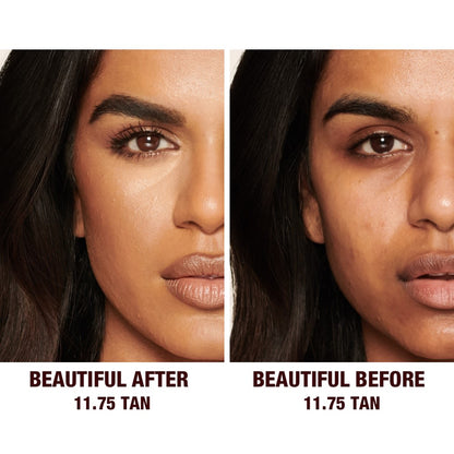 Before and after of a deep-tone model without any makeup in the before shot and then wearing a radiant, concealer that brightens, covers blemishes, and makes her skin look fresh along with nude lip gloss and subtle eye makeup.