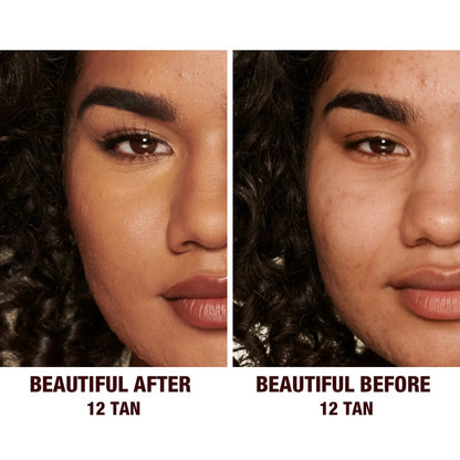 Before and after of a deep-tone model without any makeup in the before shot and then wearing a radiant, concealer that brightens, covers blemishes, and makes her skin look fresh along with nude lip gloss and subtle eye makeup.