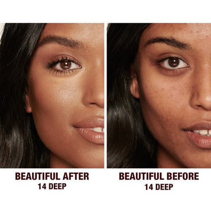 Before and after of a deep-tone model without any makeup in the before shot and then wearing a radiant, concealer that brightens, covers blemishes, and makes her skin look fresh along with nude lip gloss and subtle eye makeup.