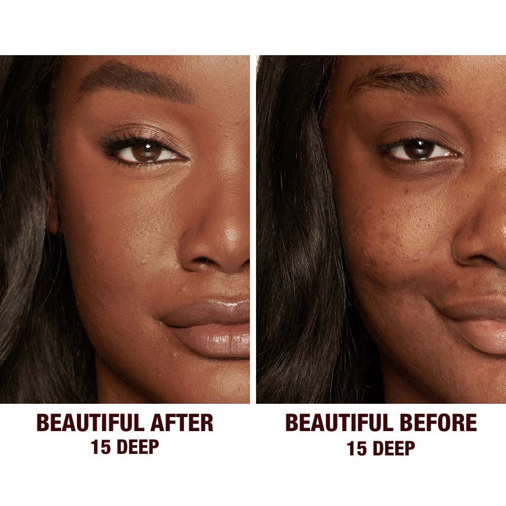 Before and after of a deep-tone model without any makeup in the before shot and then wearing a radiant, concealer that brightens, covers blemishes, and makes her skin look fresh along with nude lip gloss and subtle eye makeup.
