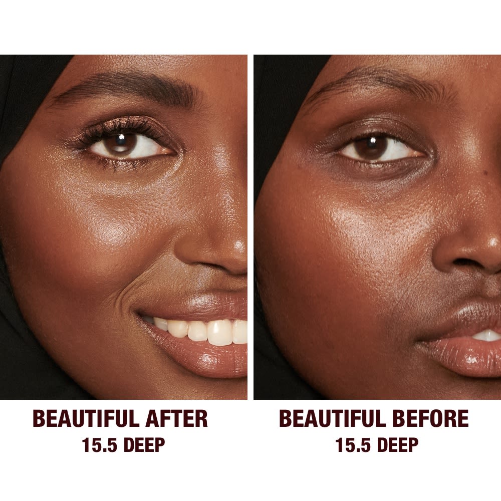 Before and after of a deep-tone model without any makeup in the before shot and then wearing a radiant, concealer that brightens, covers blemishes, and makes her skin look fresh along with nude lip gloss and subtle eye makeup.