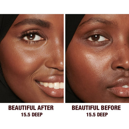 Before and after of a deep-tone model without any makeup in the before shot and then wearing a radiant, concealer that brightens, covers blemishes, and makes her skin look fresh along with nude lip gloss and subtle eye makeup.