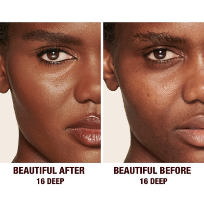 Before and after of a deep-tone model without any makeup in the before shot and then wearing a radiant, concealer that brightens, covers blemishes, and makes her skin look fresh along with nude lip gloss and subtle eye makeup.