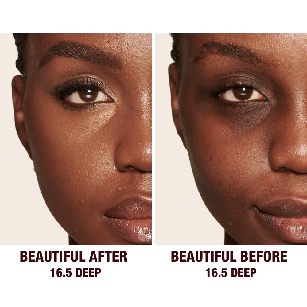 Before and after of a deep-tone model without any makeup in the before shot and then wearing a radiant, concealer that brightens, covers blemishes, and makes her skin look fresh along with nude lip gloss and subtle eye makeup.
