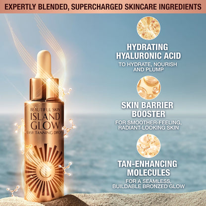 Expertly blended, supercharged skincare ingredients in tanning drops. Hydrating hyaluronic acid to hydrate, nourish and plump, skin barrier booster for smoother-feeling, radiant-looking skin and tan-enhancing molecules for a seamless, buildable bronzed glow.