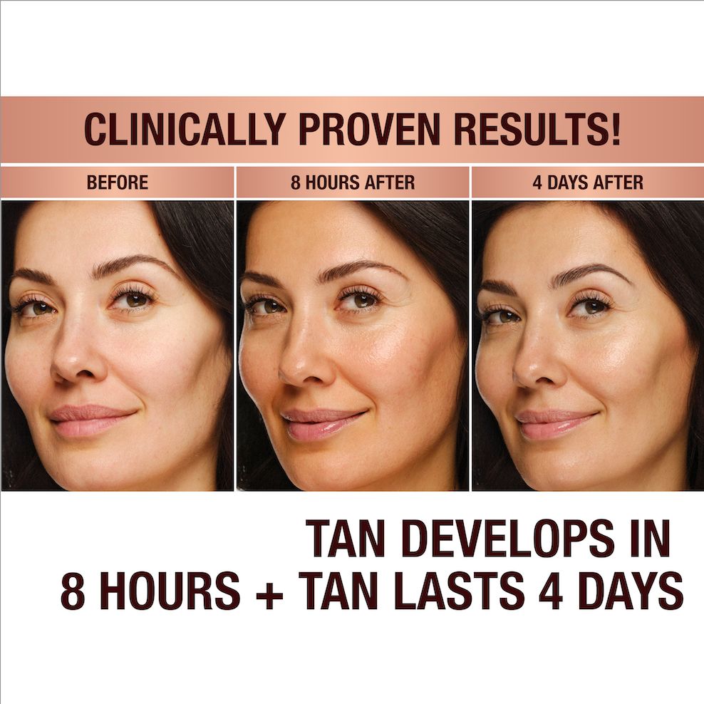 Clinically proven results! A model with no tanning drops applied, the same model 8 hours after applying tanning drops, and the same model after 4 days. Tan develops in 8 hours and lasts 4 days.