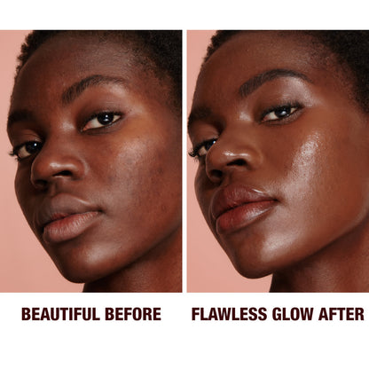 Before and after close-up of a deep-tone model with brown eyes wearing a luminous, glowy primer that blurs her pores and fine lines with black eyeliner and sheer lip gloss.