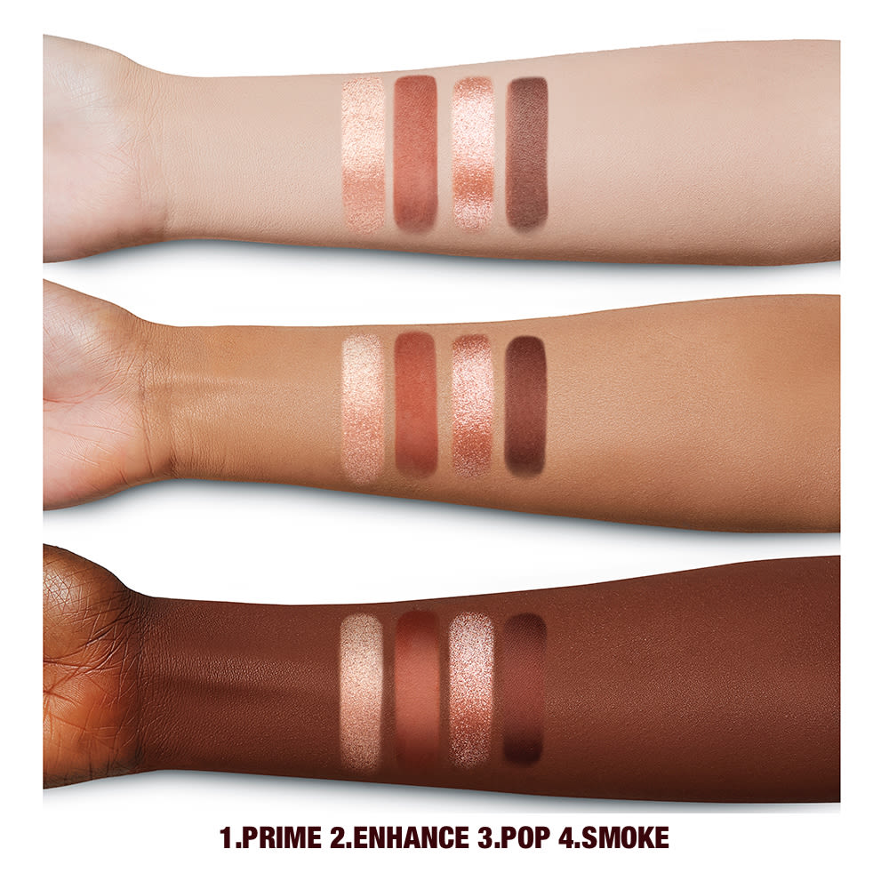 Deep, light, and fair-tone arms with swatches of four eyeshadows in metallic and matte shades of pearlescent rose gold, dusky rose, berry brown and rose-bud pink.