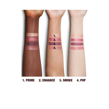 Deep, tan, and fair skin arm swatches of eyeshadows in pink, plum and champagne shades.
