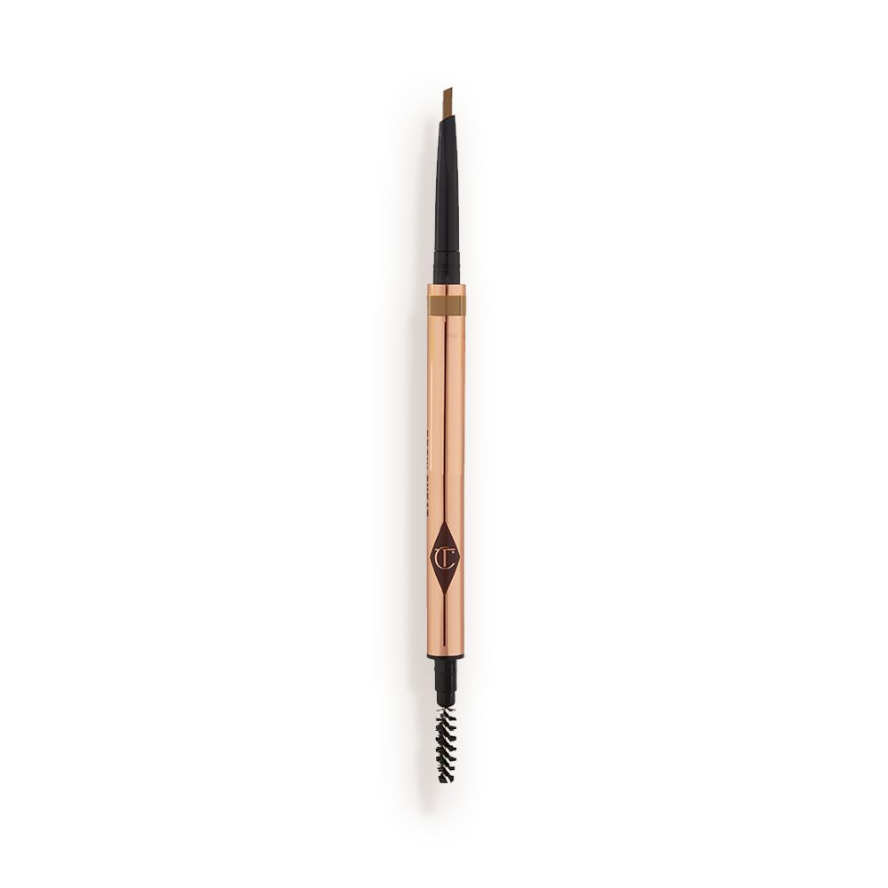 A double-ended eyebrow pencil and spoolie brush duo in a light blonde shade with gold-coloured packaging.