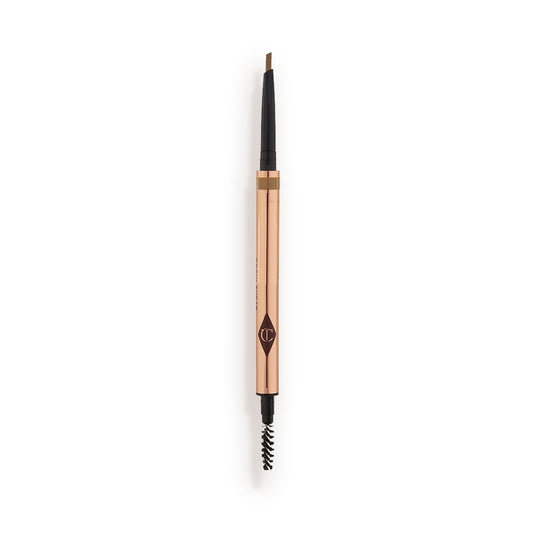 A double-ended eyebrow pencil and spoolie brush duo in a light blonde shade with gold-coloured packaging.