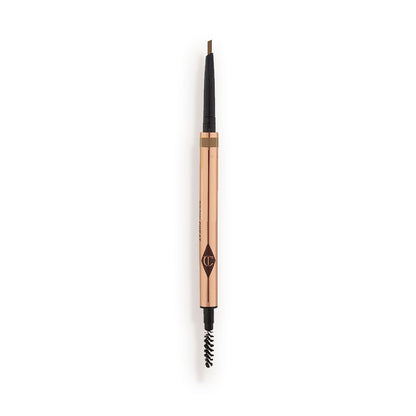 An open, double-ended eyebrow pencil and spoolie brush duo in a taupe shade with gold-coloured packaging