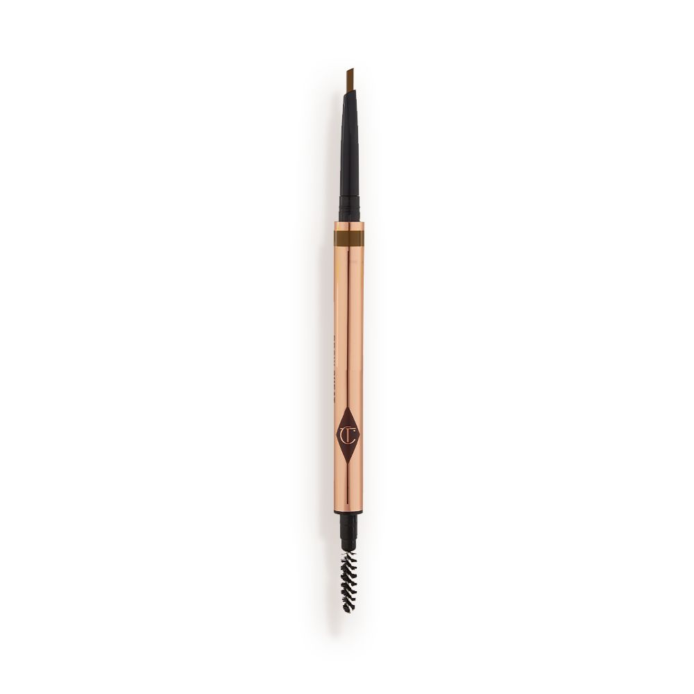 A double-ended eyebrow pencil and spoolie brush duo in a soft brown shade with gold-coloured packaging.