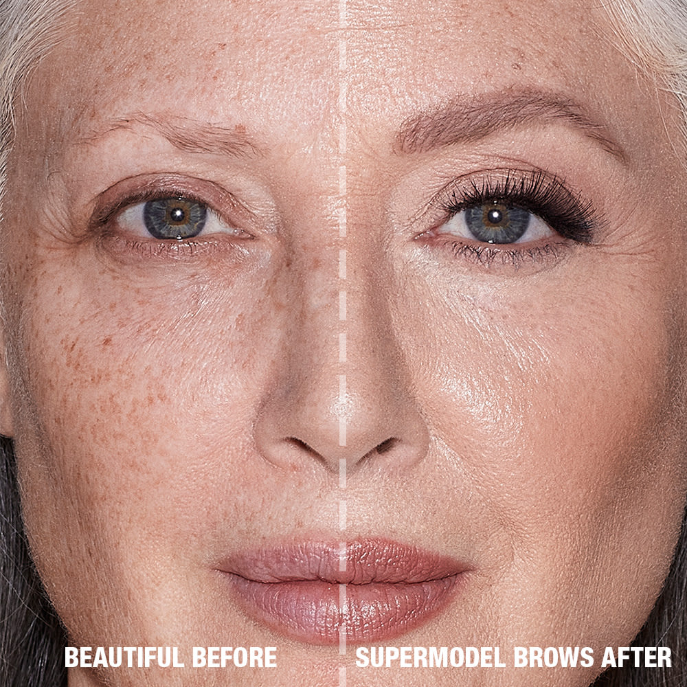 Before and after of a fair-tone model with grey eyes and mature skin with bare brows on one side and thick, filled, and lined eyebrows on the other side after applying a taupe-coloured eyebrow pencil.