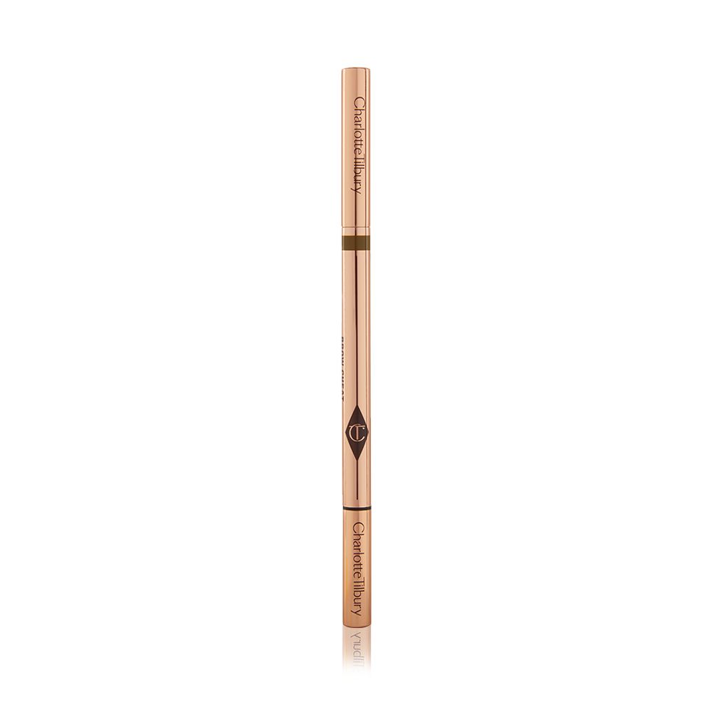 A closed, double-ended eyebrow pencil and spoolie brush duo with gold-coloured packaging.