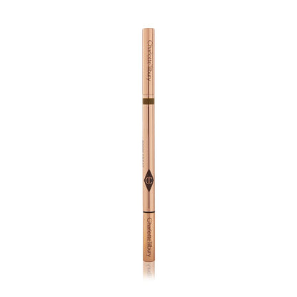 A closed, double-ended eyebrow pencil and spoolie brush duo with gold-coloured packaging.