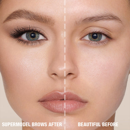 Before and after of a fair-tone model with blue eyes with bare brows on one side and thick, filled, and lined eyebrows on the other side after applying a soft-brown-coloured eyebrow pencil.