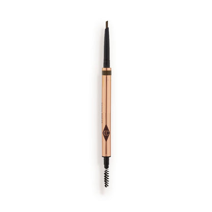 A double-ended eyebrow pencil and spoolie brush duo in a brown shade with gold-coloured packaging.