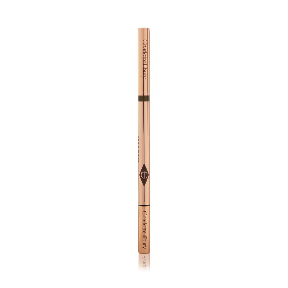 A closed, double-ended eyebrow pencil and spoolie brush duo with gold-coloured packaging.