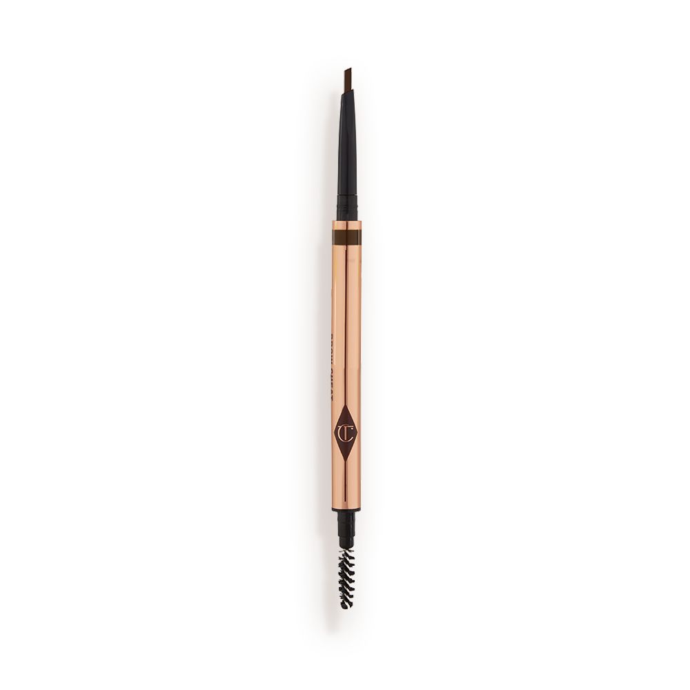 A double-ended eyebrow pencil and spoolie brush duo in a medium-brown shade with gold-coloured packaging.