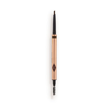 A double-ended eyebrow pencil and spoolie brush duo in a medium-brown shade with gold-coloured packaging.