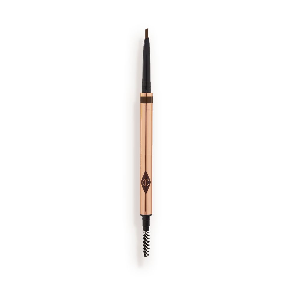 A double-ended eyebrow pencil and spoolie brush duo in a dark brown shade with gold-coloured packaging.