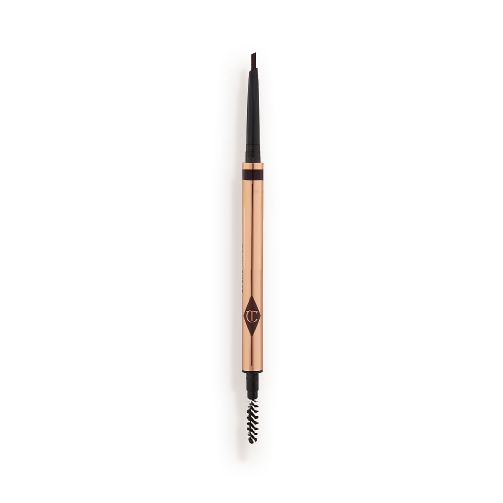 A double-ended eyebrow pencil and spoolie brush duo in a black-brown shade with gold-coloured packaging.