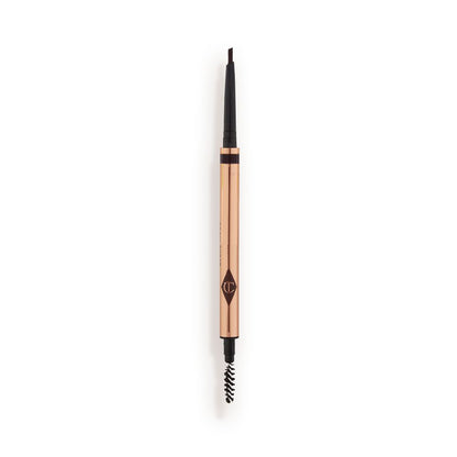 A double-ended eyebrow pencil and spoolie brush duo in a black-brown shade with gold-coloured packaging.