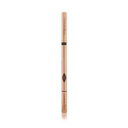 A closed, double-ended eyebrow pencil and spoolie brush duo with gold-coloured packaging.