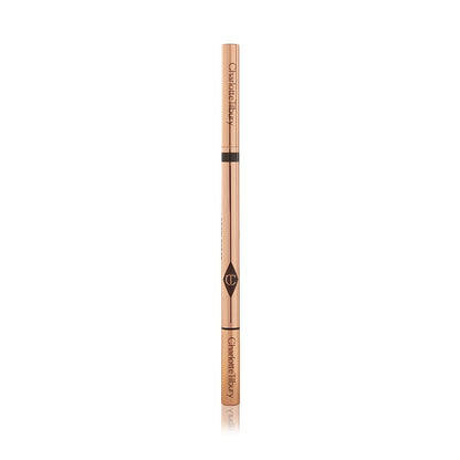 A closed, double-ended eyebrow pencil and spoolie brush duo with gold-coloured packaging.