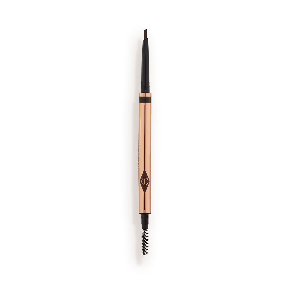 A double-ended eyebrow pencil and spoolie brush duo in a black shade with gold-coloured packaging.
